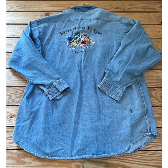 Vintage M&M’s Button Up Denim Shirt Size XL Blue Embroidered Laughing It Up - Picture 2 of 10